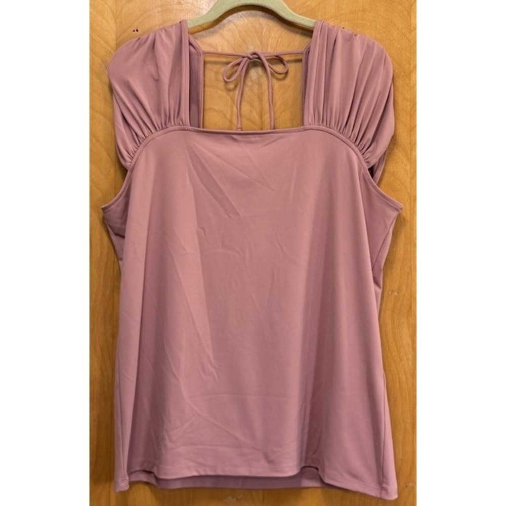 The Commons Womens Square Neck Ruched Short Sleeve Back Tie Top Soft Mauve Sz XL
